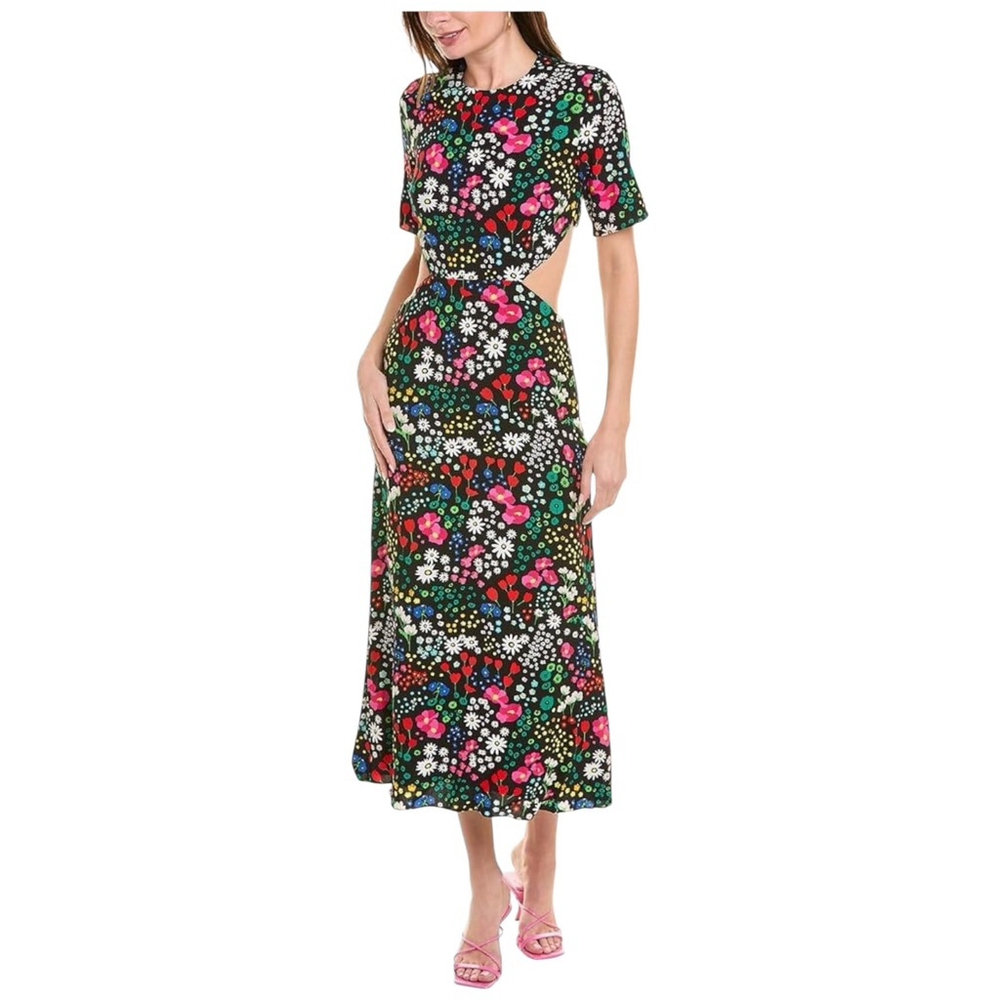 THE KOOPLES Joyful Flowers Side Cut-Out Midi Dress Black Multi Size 3 (US 8)